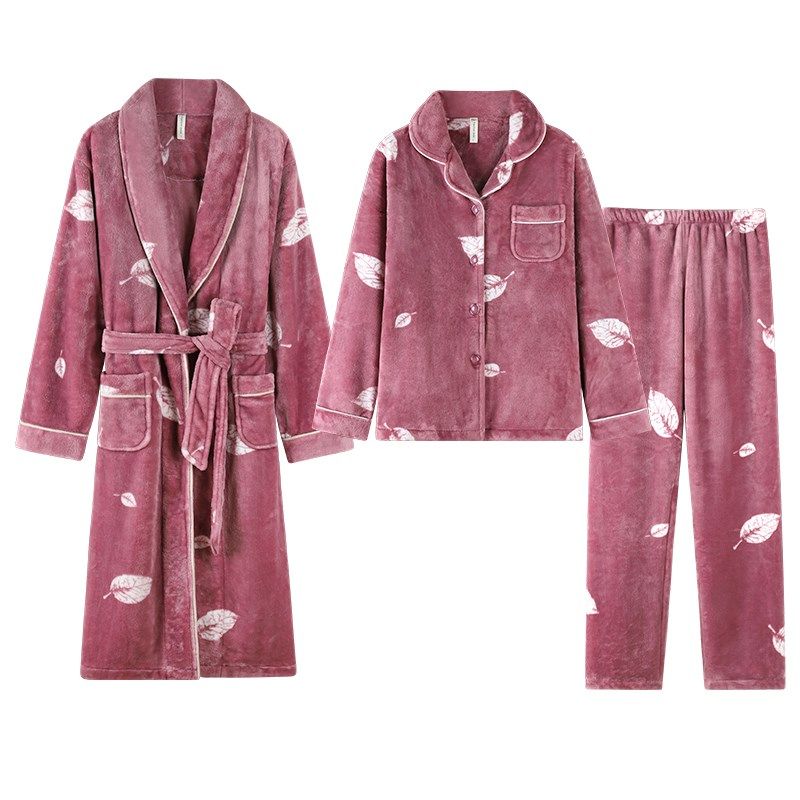 女士睡衣三件套秋冬季加绒加厚珊瑚绒家居服女款休闲大码睡袍套装