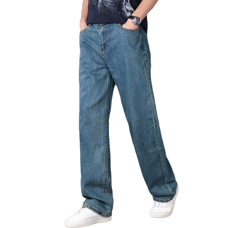 秋冬牛仔裤男宽松直筒加肥加大码中老年男士休闲阔腿长裤子厚款