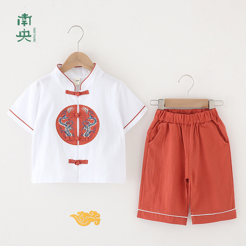 古风童装汉服男童夏装薄款小童唐装短袖套装男孩国学服复古少爷服
