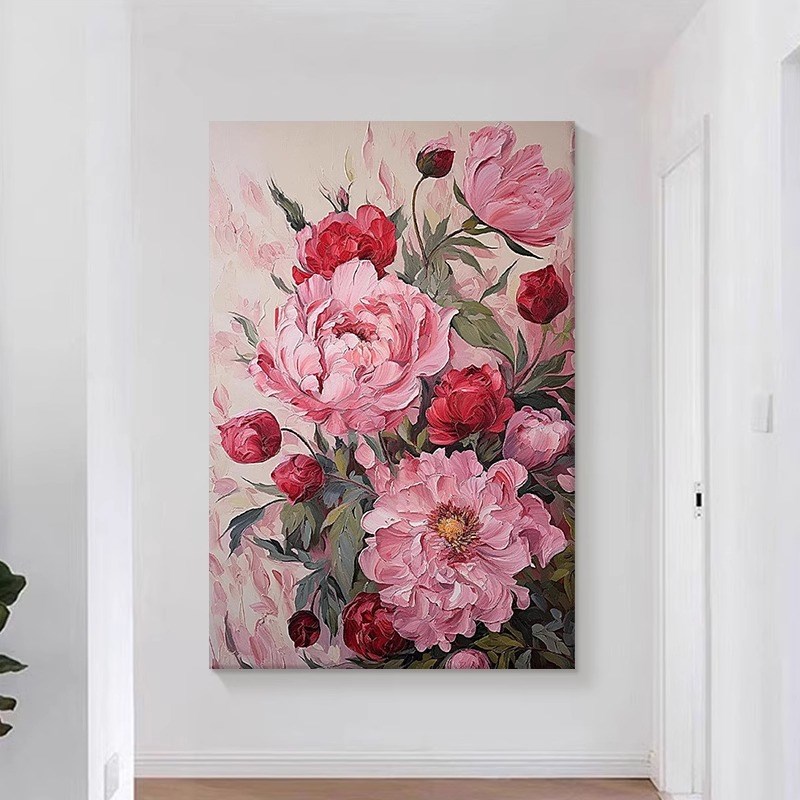 粉红色牡丹抽象纯手绘油画奶油风花卉玄关装饰画植物肌理客厅挂画