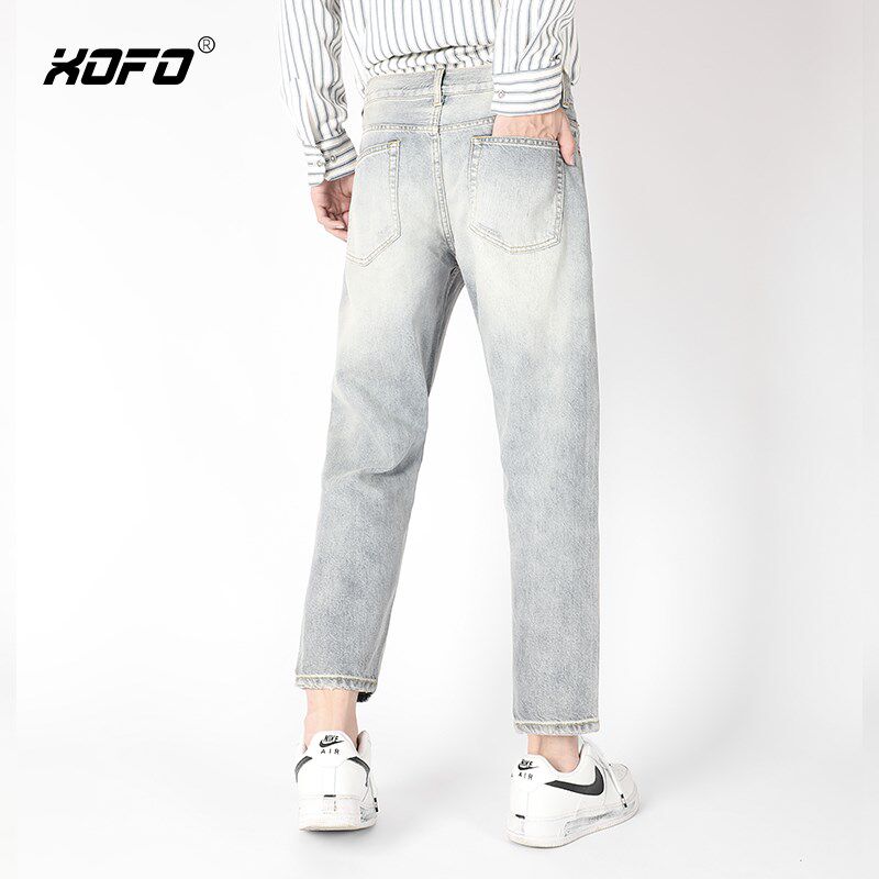 夏季新款浅色牛仔裤男锥形小脚修身九分裤男款水洗磨白休闲裤