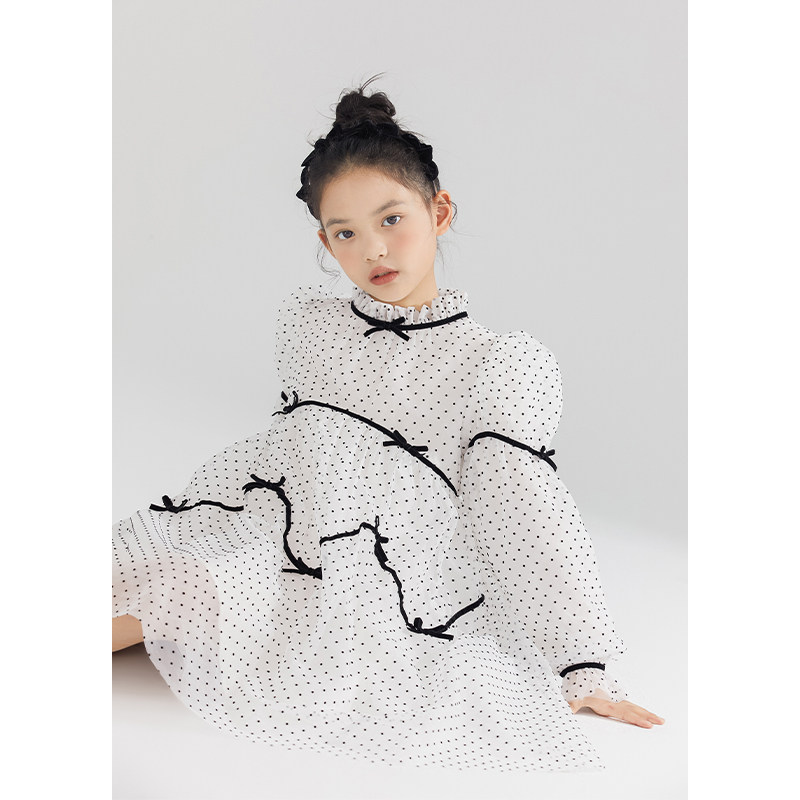 女童植绒波点网纱连衣裙长袖女孩子甜美可爱裙子中大儿童公主裙春