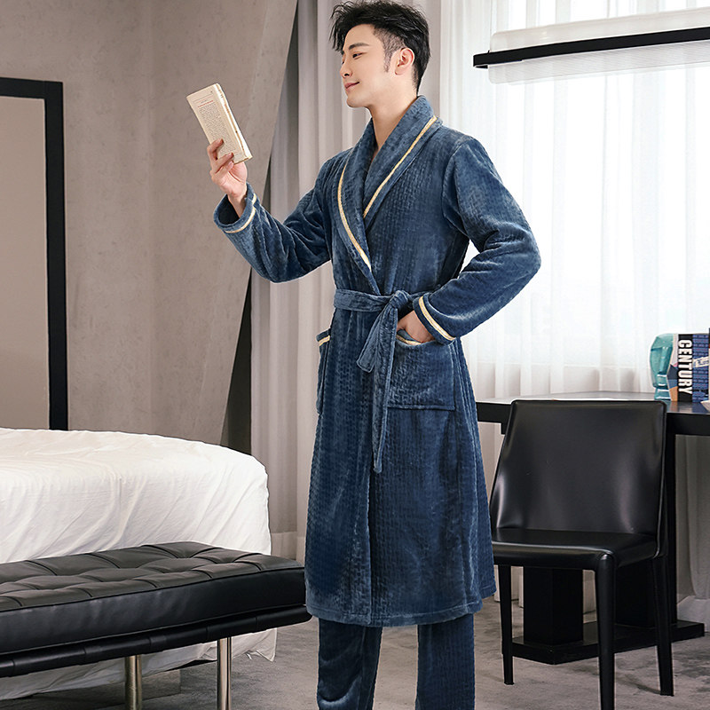 睡衣男秋冬季法兰绒两件套睡袍珊瑚绒加厚男士长款晨袍带睡裤浴袍