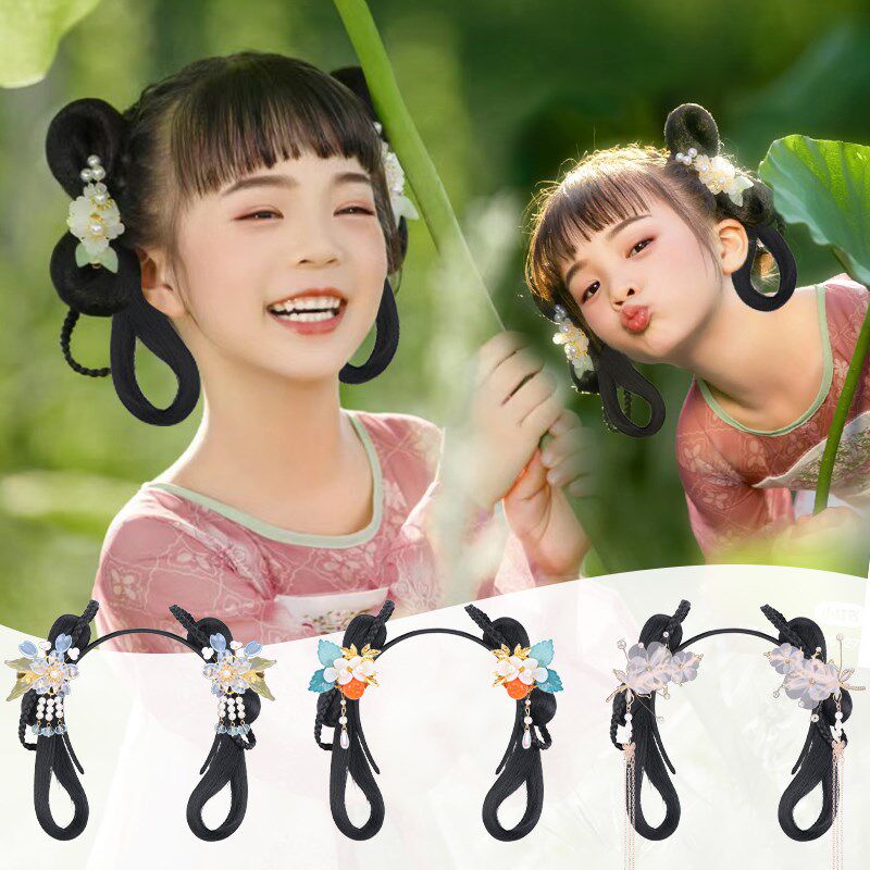 儿童汉服假发古风造型头饰发箍古装一体式女童懒人垫发包发髻发饰