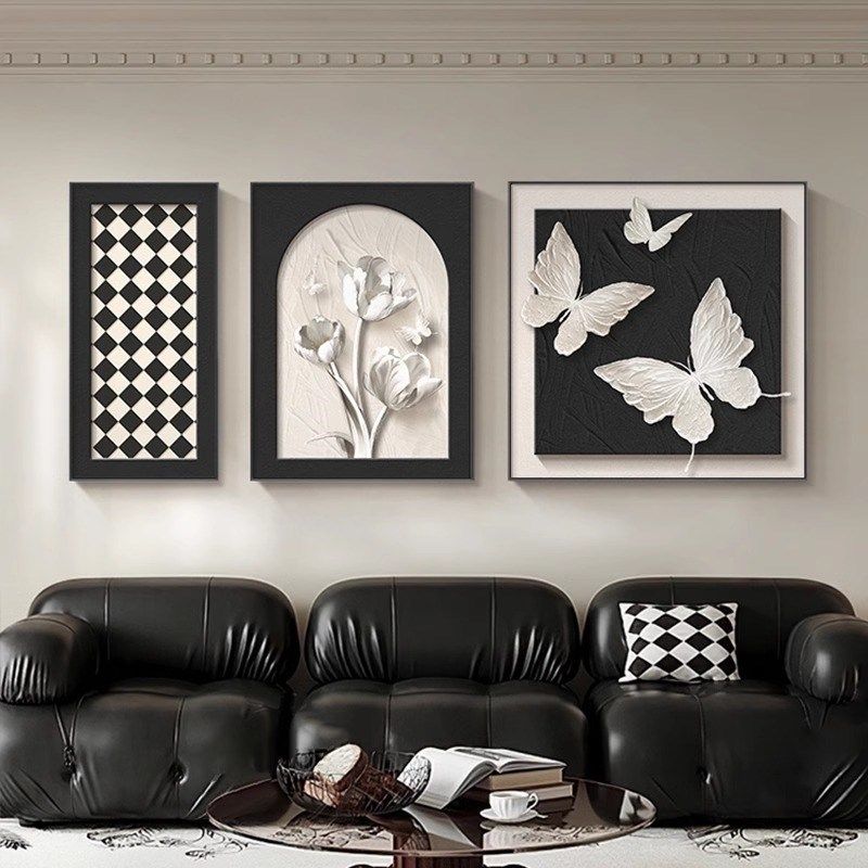 黑白灰抽象客厅装饰画沙发背景墙挂画立体高级感三联新款大气壁画,家居饰品,现代装饰画,淘宝优惠券,粉丝福利购,淘宝优惠卷