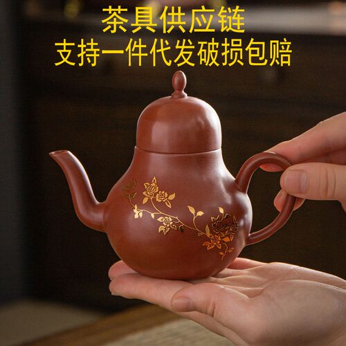 紫砂鎏银锔钉思亭壶半手工朱泥大红袍茶壶功夫家用办公室名家单壶