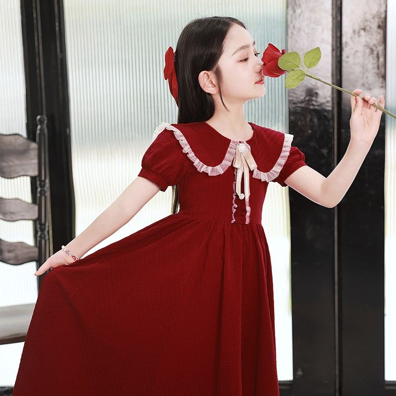 女童礼服花童红色小众高级感学院公主裙礼服小女孩主持人连衣裙秋