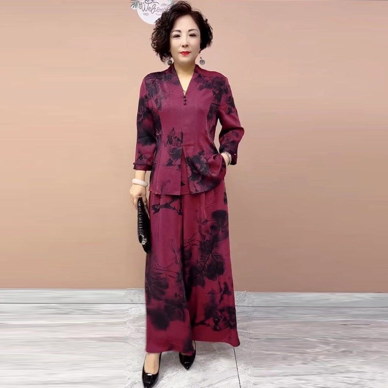 中老年妈妈装早秋新款真丝套装时尚气质宽松大码上衣阔腿裤两件套,女装/女士精品,时尚套装,淘宝优惠券,粉丝福利购,淘宝优惠卷