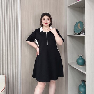 大码女装胖mm翻领收腰小黑裙夏季2024新款遮肚子显瘦中长款连衣裙