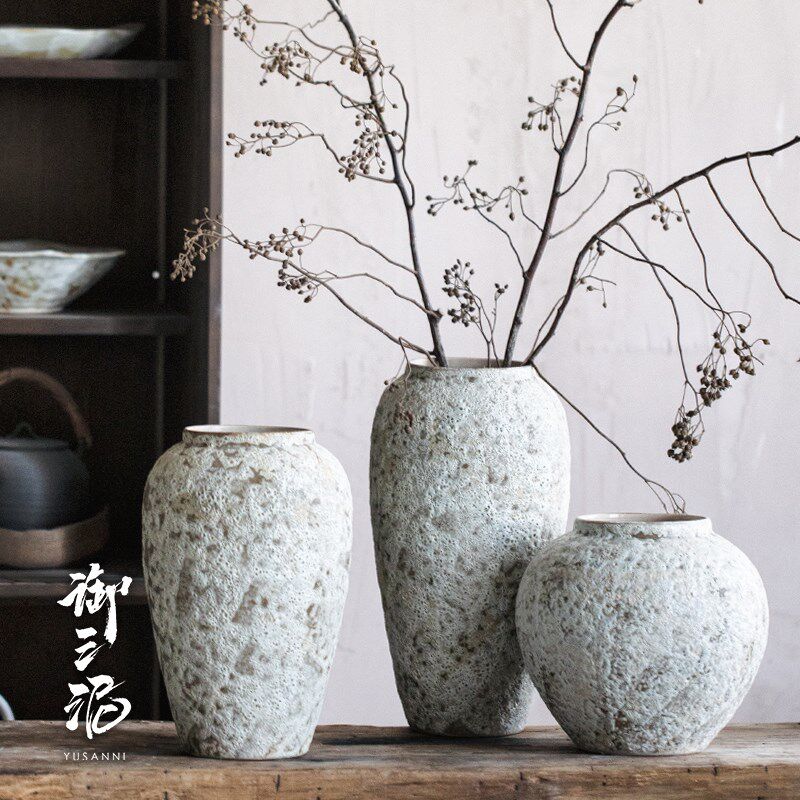 复古土陶粗糙感花器摆件干花花瓶侘寂风陶罐陶瓷花瓶台面粗陶罐子