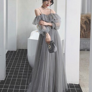 伴娘服宴会2022新款 伴娘礼服 简单大方灰色姐妹团毕业演出显瘦长款