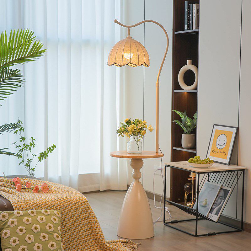 奶油风置物架一体落地灯客厅沙发旁边几摆件氛围灯卧室床头柜台灯