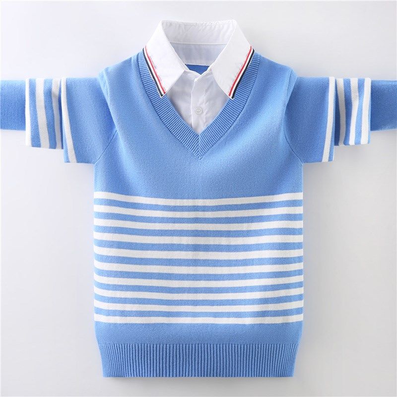 男童毛衣春秋薄款儿童纯棉针织衫假两件中大童男孩衬衫领打底衫潮