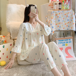 八分袖长裤纯棉绸睡衣女夏季超薄甜美可爱凉快绵绸春秋天套装夏天