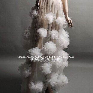 罩裙透明街拍摄影 白色网纱半身裙立体花朵裙长款 线去针来 新款