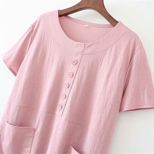 胖妈妈夏天短袖 双口袋中老年奶奶宽松显瘦遮肚子T恤 上衣2021夏季