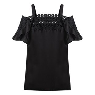 一字领吊带荷叶边露肩一字肩上衣蕾丝小衫夏黑色洋气短袖雪纺衫女