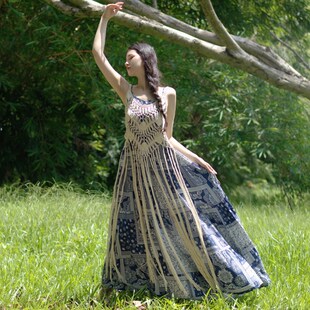 海边吊带旅游度假沙滩波西米亚长裙蓝色裙子云南女装复古去连衣裙