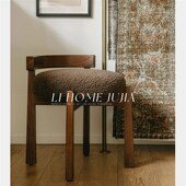 复古风羊羔绒化妆椅设计师圆凳梳妆台椅子中古实木岛台高脚凳餐椅