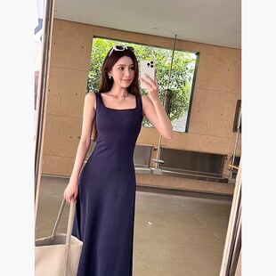 浅布调高个子加长裙法式气质收腰棉质修身藏青背心裙连衣裙女夏薄