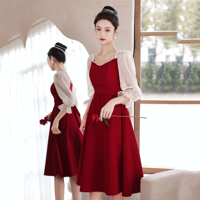 敬酒服新娘秋季酒红色订婚礼服连衣裙孕妇遮肚子小个子高级感系带