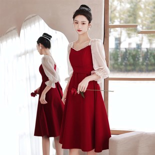 敬酒服新娘秋季酒红色订婚礼服连衣裙孕妇遮肚子小个子高级感系带