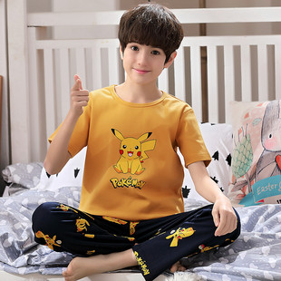 儿童睡衣男童纯棉夏季短袖长裤男孩中大童夏天薄款全棉家居服套装