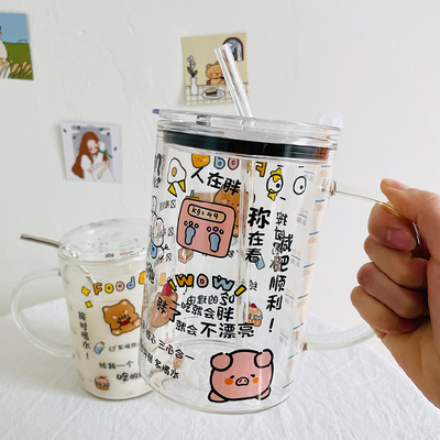 可爱励志大容量水杯女1000ml玻璃杯带盖办公室时间刻度牛奶吸管杯