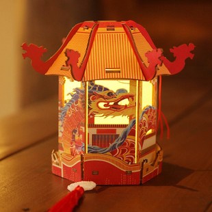 甲辰龙年六角亭手工diy木质传统亭子舞龙灯笼手提发光花灯中秋节
