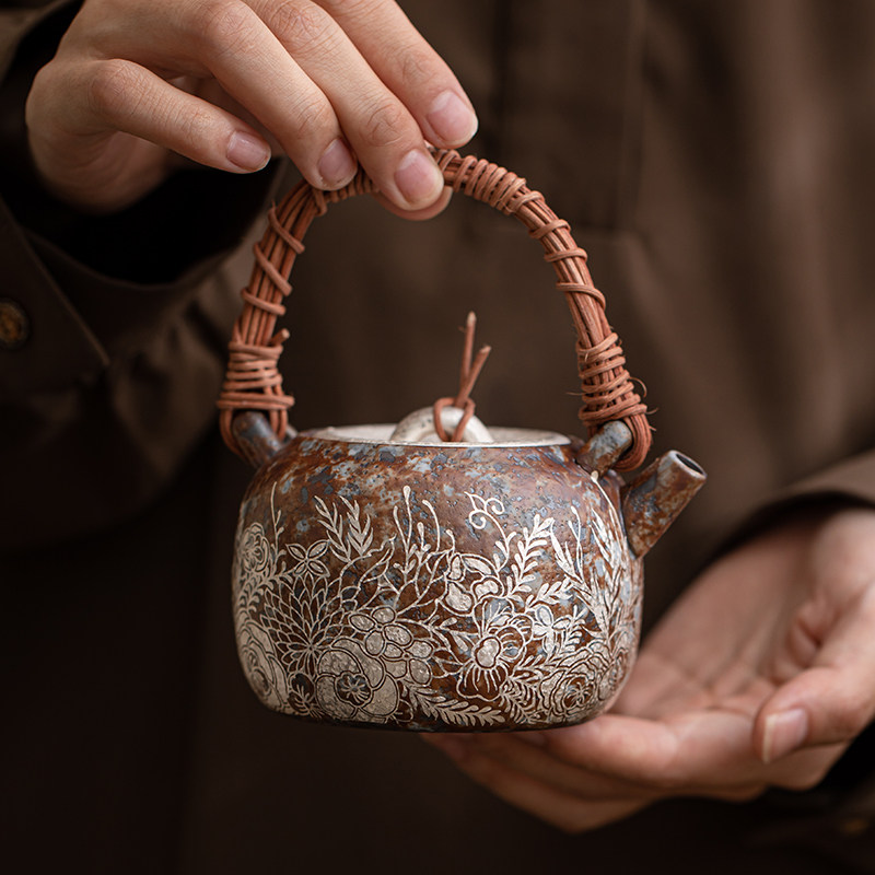 蕴华堂复古老岩泥繁花鎏银茶壶防烫藤编提梁壶家用功夫茶具泡茶壶,餐饮具,茶壶,淘宝优惠券,粉丝福利购,淘宝优惠卷