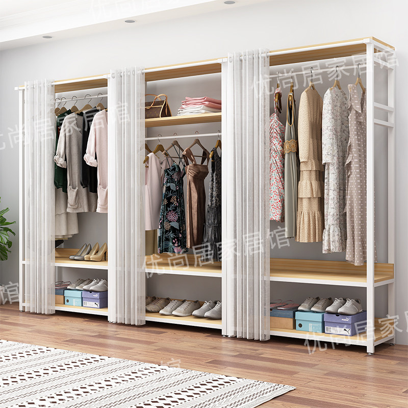 家用衣帽架组合衣柜卧室开放式落地挂衣架多功能带帘防尘铁艺衣架