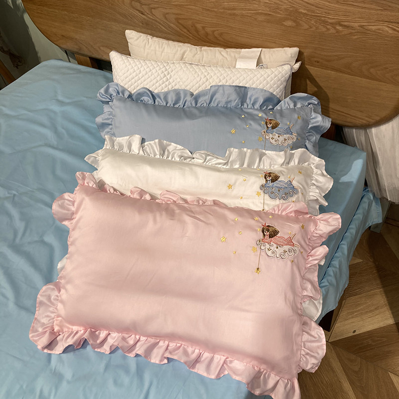 新品A类60支棉花边款儿童枕套 全棉刺绣小仙女女童荷叶边小枕头罩