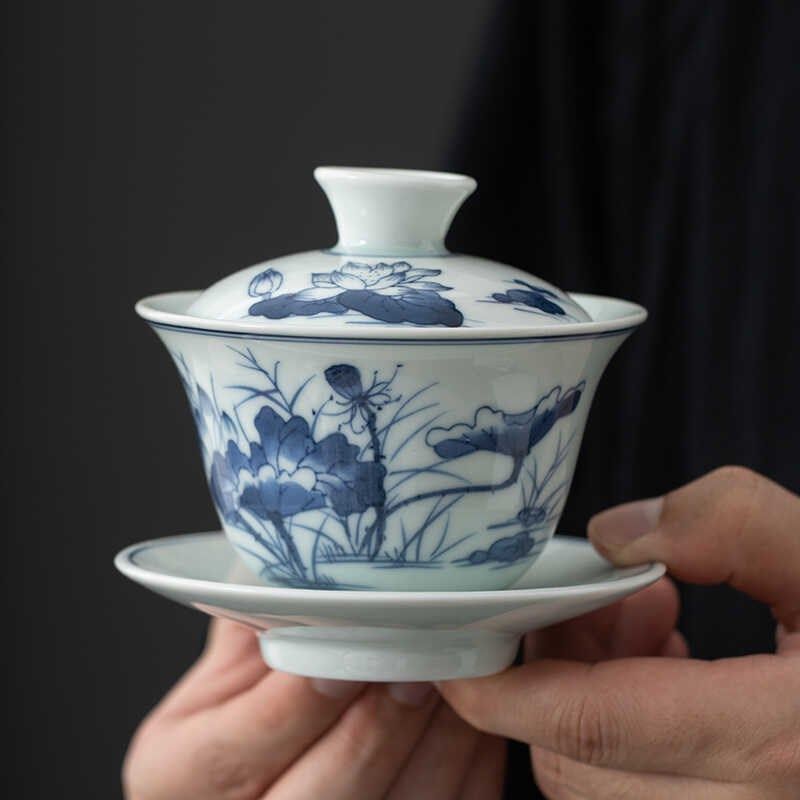 青花瓷手绘三才盖碗大号家用泡茶碗复古功夫茶具敬茶碗陶瓷盖碗,餐饮具,盖碗,淘宝优惠券,粉丝福利购,淘宝优惠卷