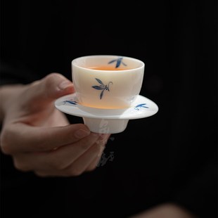 鱼戏手绘蝴蝶兰花品茗杯套杯复古手工茶杯带杯垫主人杯功夫杯单杯