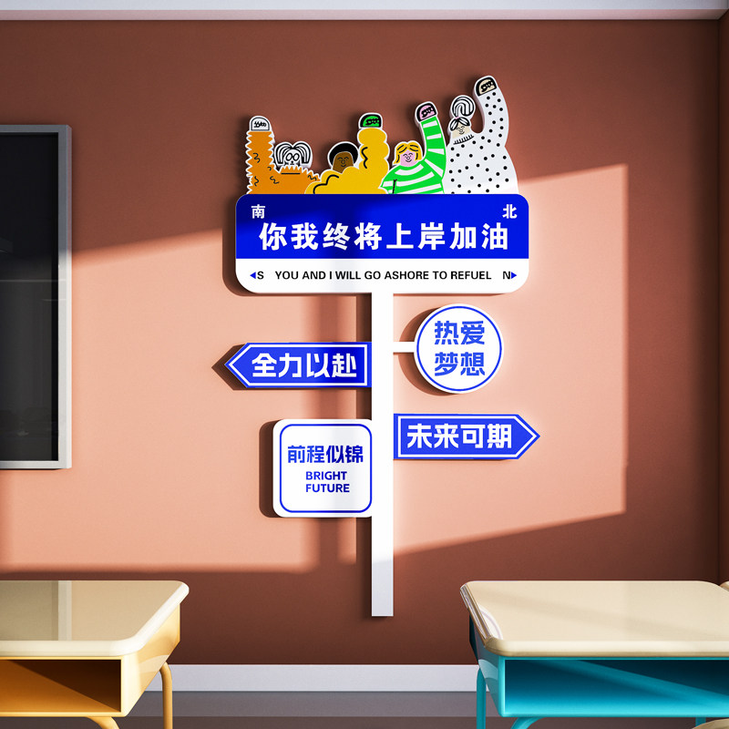创意路牌励志标语初三班级装饰文化墙教室布置黑板上方挂画考