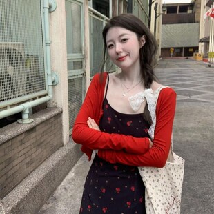 2024年夏季新款黑红法式碎花收腰穿搭吊带连衣裙+开衫两件套装女