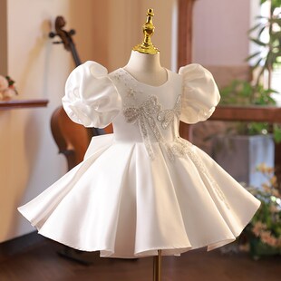 儿童白色花童婚纱裙高端主持人礼服女童生日宴公主裙小女孩晚礼服