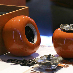 【韵文博鉴】好柿成双茶叶罐陶瓷小号便携密封罐存茶罐创意摆件