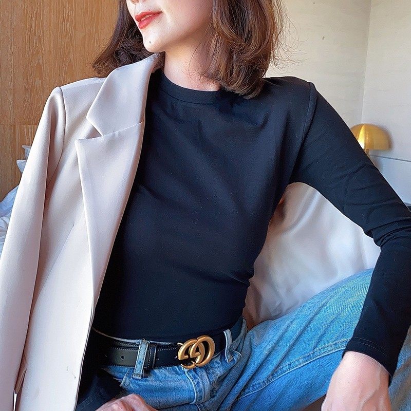 白色半高领打底衫女长袖t恤修身纯棉小领口内搭2021新款上衣基础