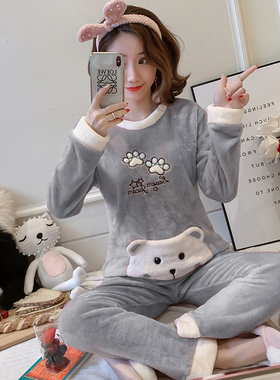 灰色法兰绒睡衣女秋冬学生可爱加厚保暖珊瑚绒加大码宽松两件套装