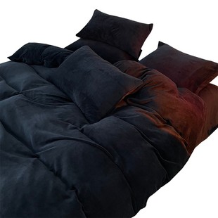 简约纯黑色冬天双面珊瑚绒四件套牛奶法兰绒厚被套床单床笠三件套