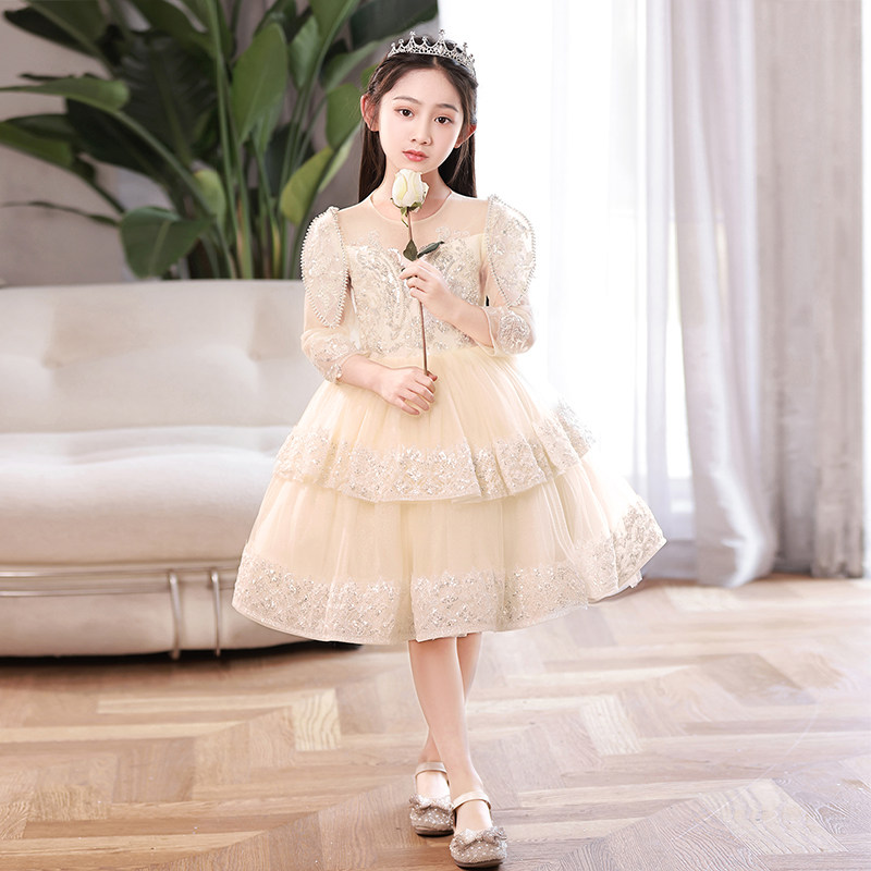女童生日礼服公主裙蓬蓬纱长袖花童婚纱主持人儿童钢琴演出服夏季
