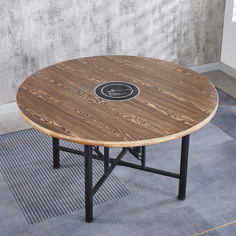 火锅桌圆形电磁炉一体碳化实木圆餐桌酒店家用折叠桌架子桌面面板