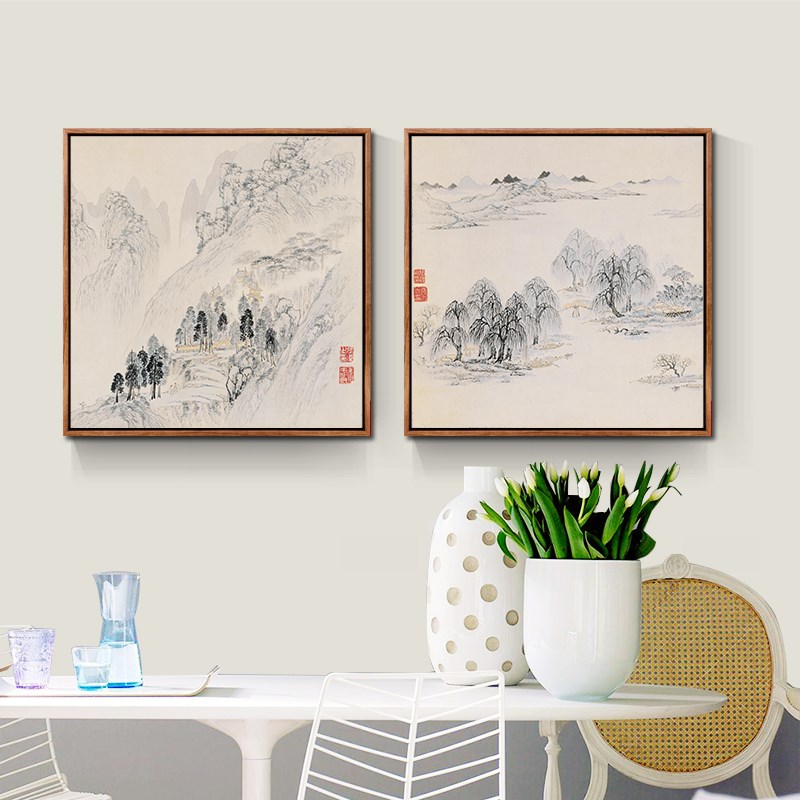 潇湘八景水墨国画新中式客厅装饰画餐厅挂画走廊过道壁画有框