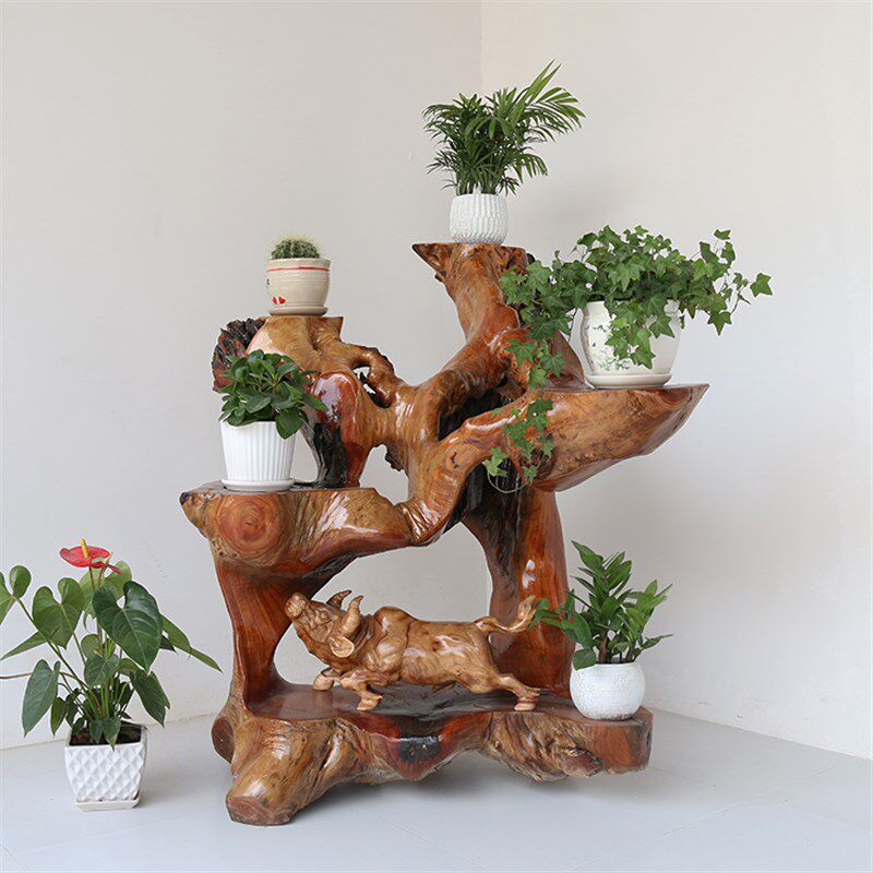 根雕精品花架 木雕盆景架摆件 樟木木整体 自然博古架 客厅家具