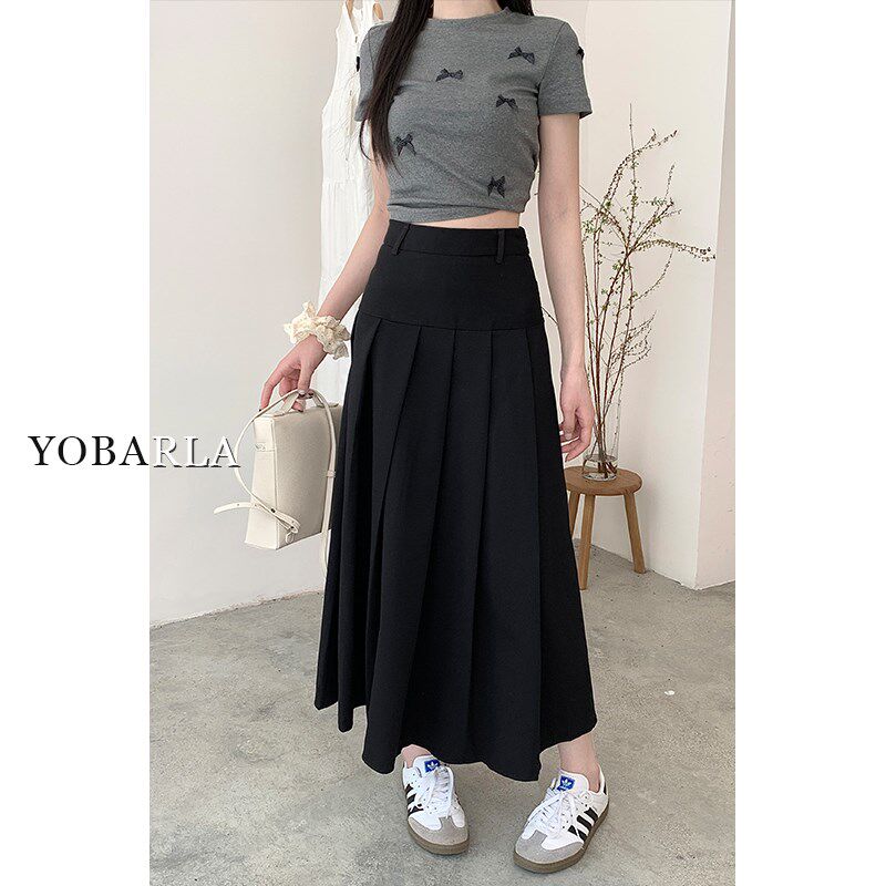 黑色西装百褶半身裙女高腰夏季大码显瘦遮肚子胖mm中长款a字裙子