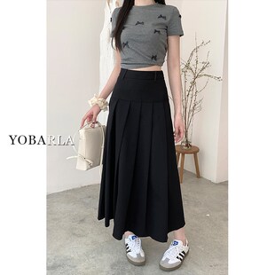 黑色西装百褶半身裙女高腰夏季大码显瘦遮肚子胖mm中长款a字裙子