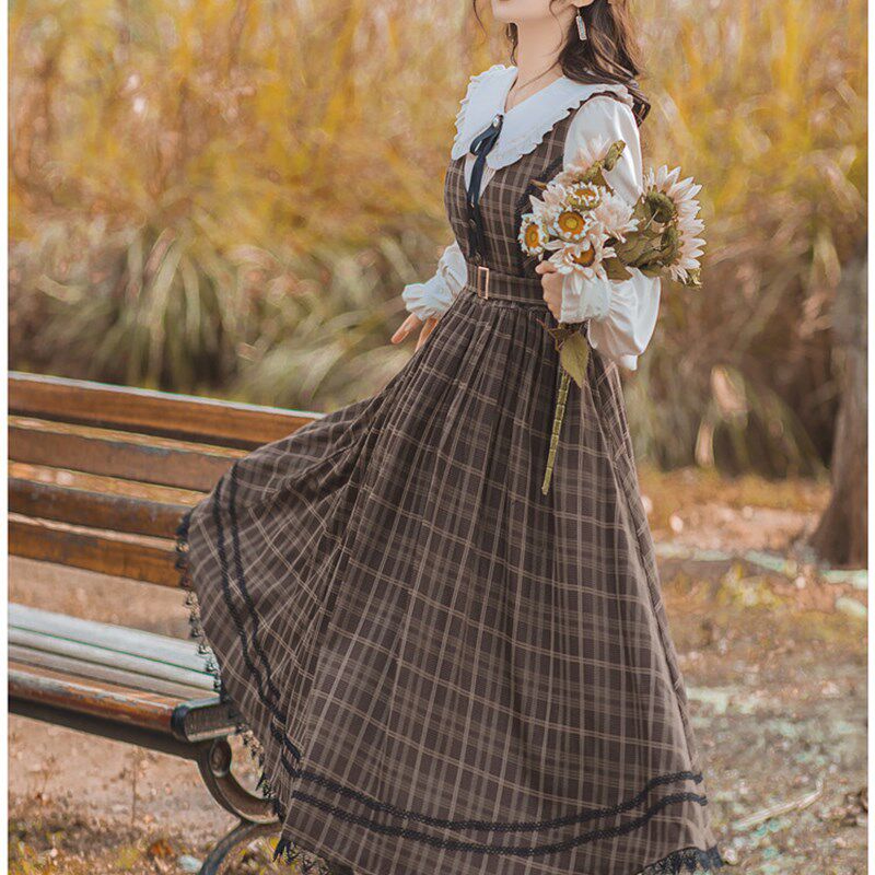 苏浅慕颜小个子少女学院风中长裙复古宫廷高腰格子背心连衣裙秋冬