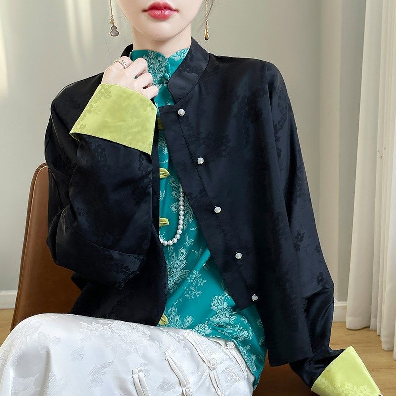 复古新中式立领真丝开衫女提花拼色盘扣长袖衬衫缎面西装外套衬衣,女装/女士精品,真丝上装,淘宝优惠券,粉丝福利购,淘宝优惠卷