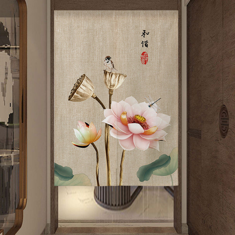 中国风门帘隔断帘复古荷花挂帘客厅家用布帘卧室中式免打孔厕所帘